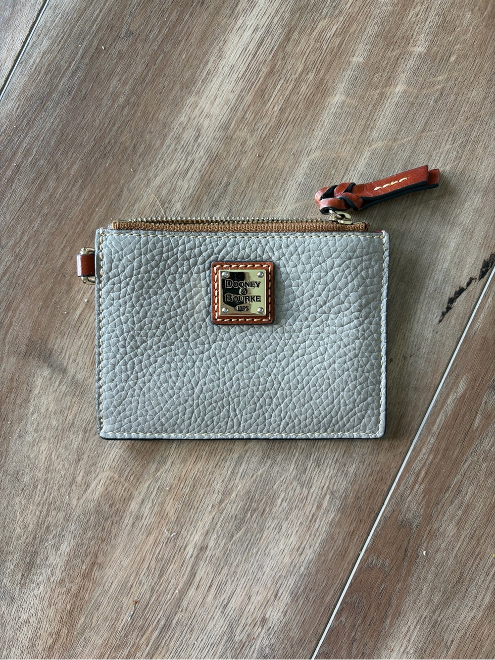 Dooney & Bourke Light Gray Pebbled Leather Card Case with Tan Trim